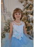 Beaded Sky Blue Lace Tulle Ruffled Flower Girl Dress